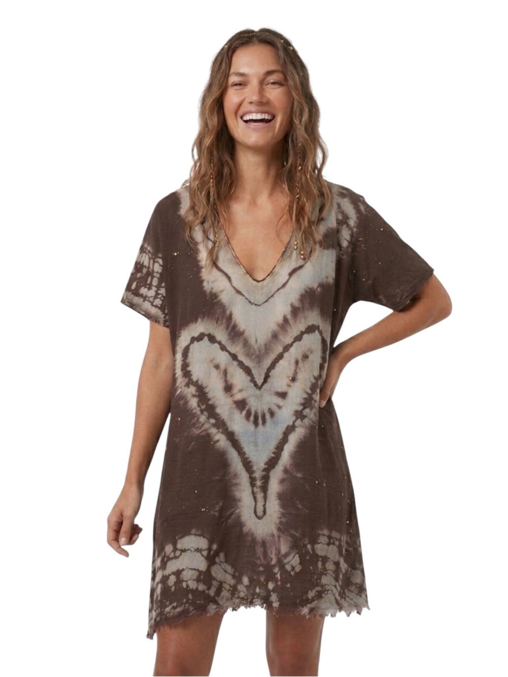 Sandro Brown Boho Tie-Dye Heart and Gold Coverup Size XL